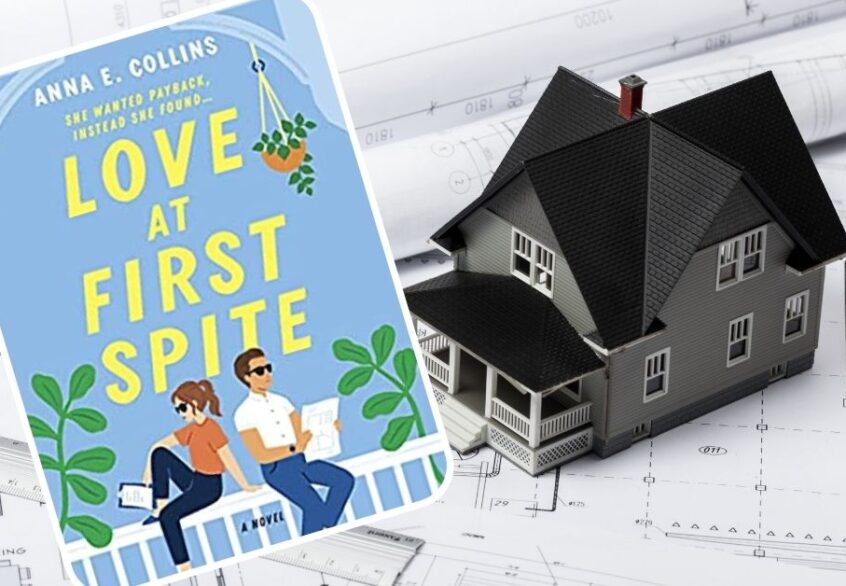 book cover Love at First Spite in front of blue prints